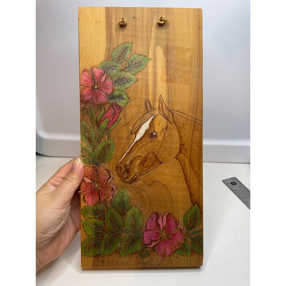 HAND PAINTED wood vintage horse PONY WITH WILD FLOWERS wall decor SIGNED